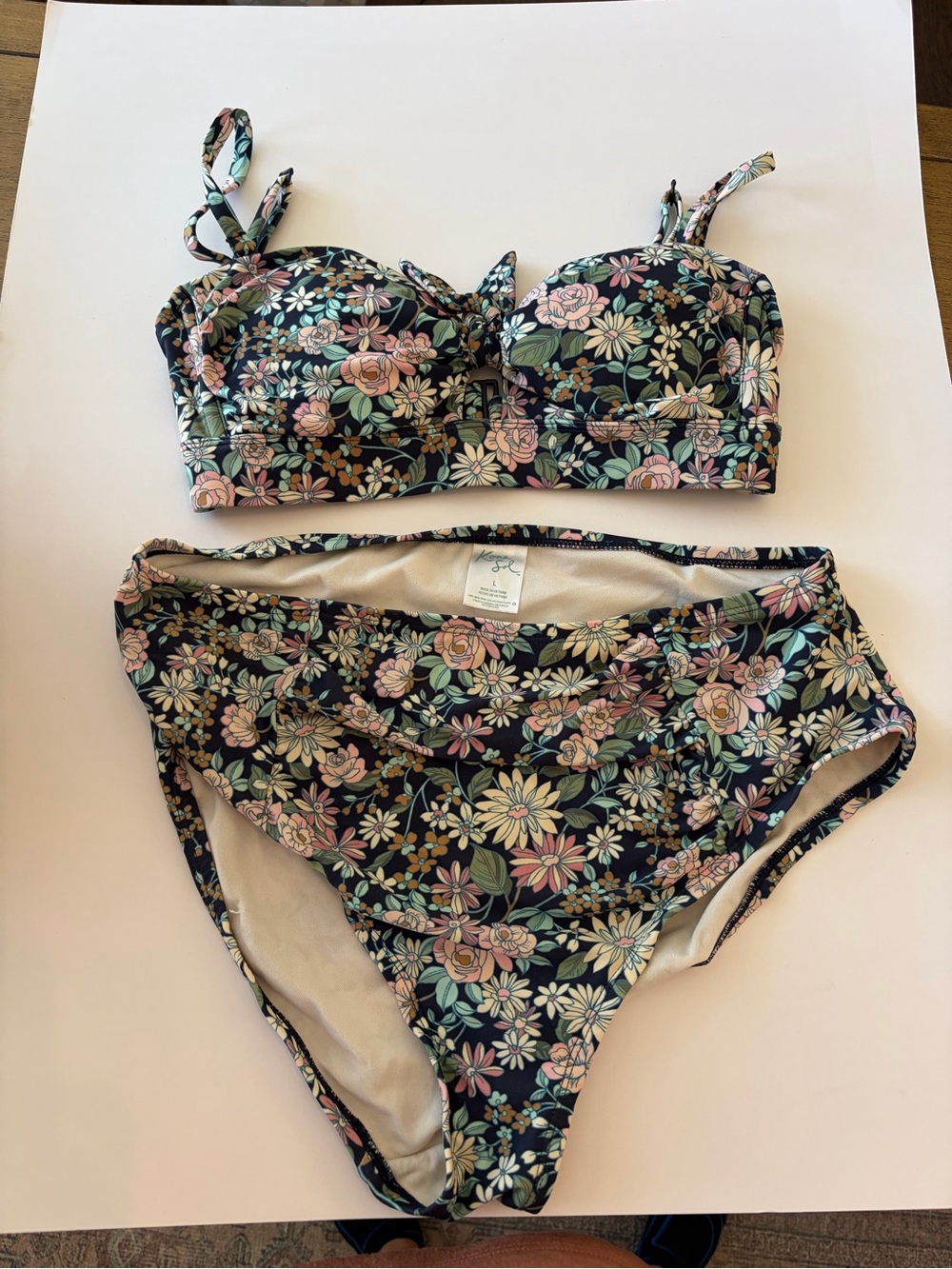 Kona Sol Floral Bikini Set Black Pink Green High Waist Two Piece Swimsuit L‎